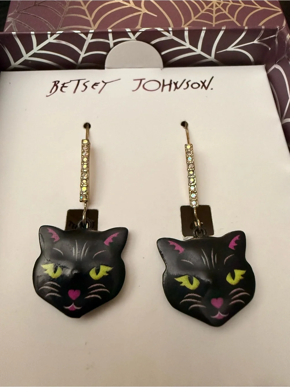 Betsey Johnson Black Cat Face Drop Earrings